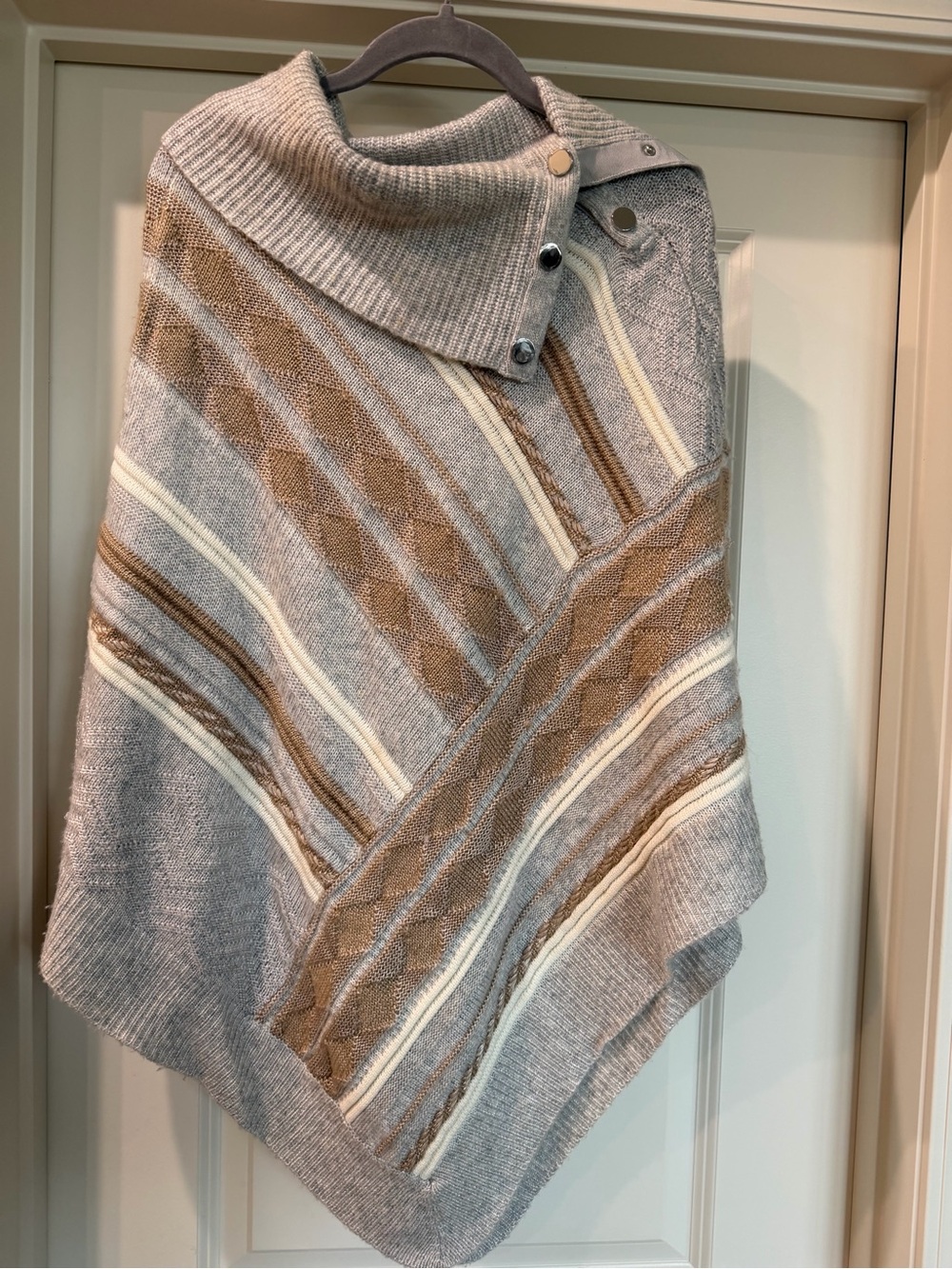 White House Black Market Gray, Camel & Cream Knit Poncho with Button Collar